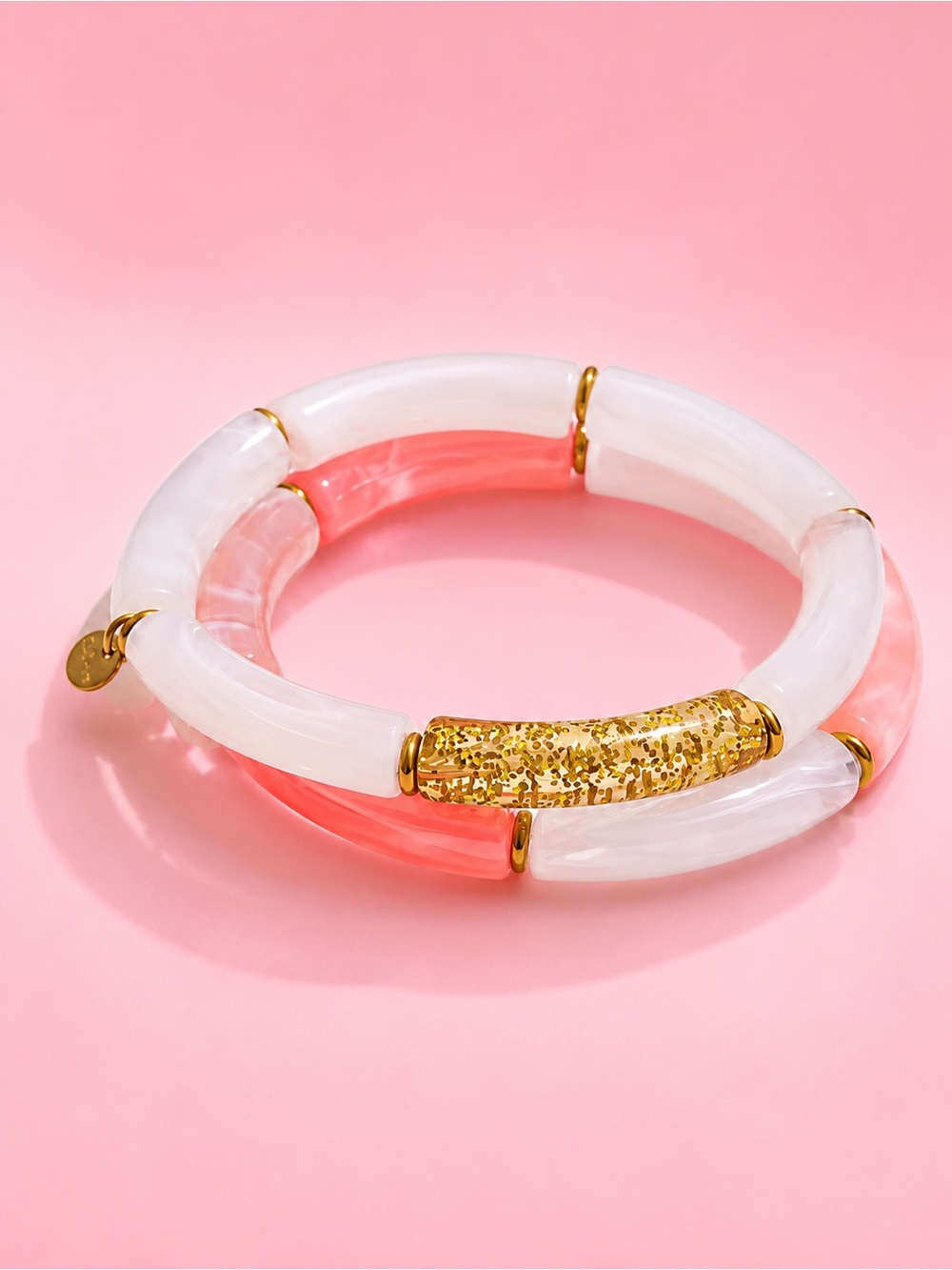 Coral Pink White Bracelet Set with Gold Accent